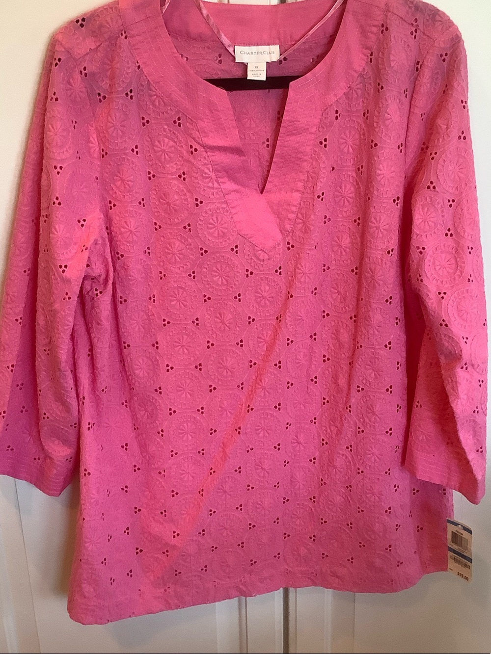 Charter Club Hot Pink Eyelet Split-Neck Tunic Top